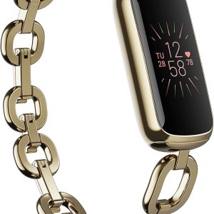 Fitbit Luxe Special Edition Fitness and Wellness Tracker, Gorjana Soft Gold Stainless Steel Parker Link Bracelet, One Size (S & L Peony Classic Bands Included)