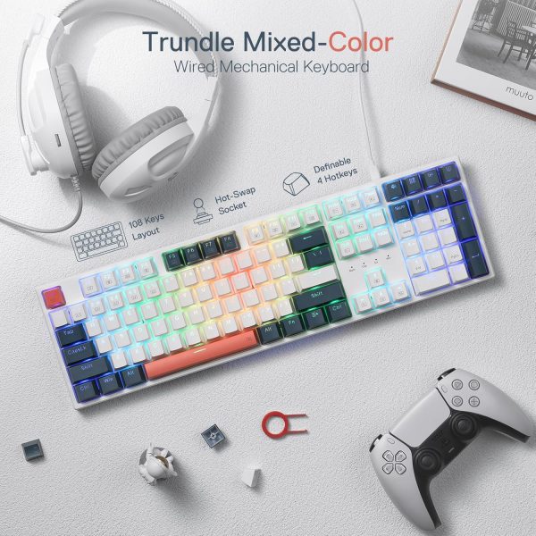 Redragon K668 RGB Gaming Keyboard, 104 Keys + Extra 4 Hotkeys Wired Mechanical Keyboard w/Sound Absorbing Foams, Upgraded Hot-swappable Socket, Mixed Color Keycaps x 2 Sets, Red Switch - Image 2