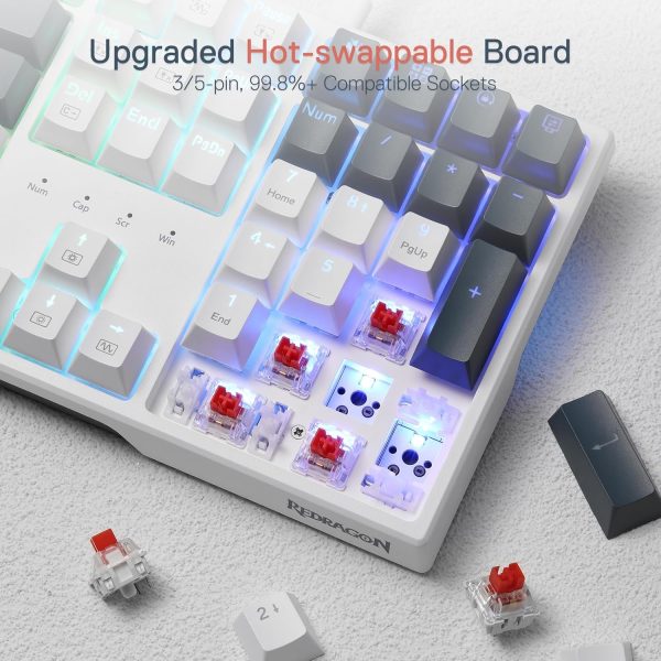 Redragon K668 RGB Gaming Keyboard, 104 Keys + Extra 4 Hotkeys Wired Mechanical Keyboard w/Sound Absorbing Foams, Upgraded Hot-swappable Socket, Mixed Color Keycaps x 2 Sets, Red Switch - Image 5