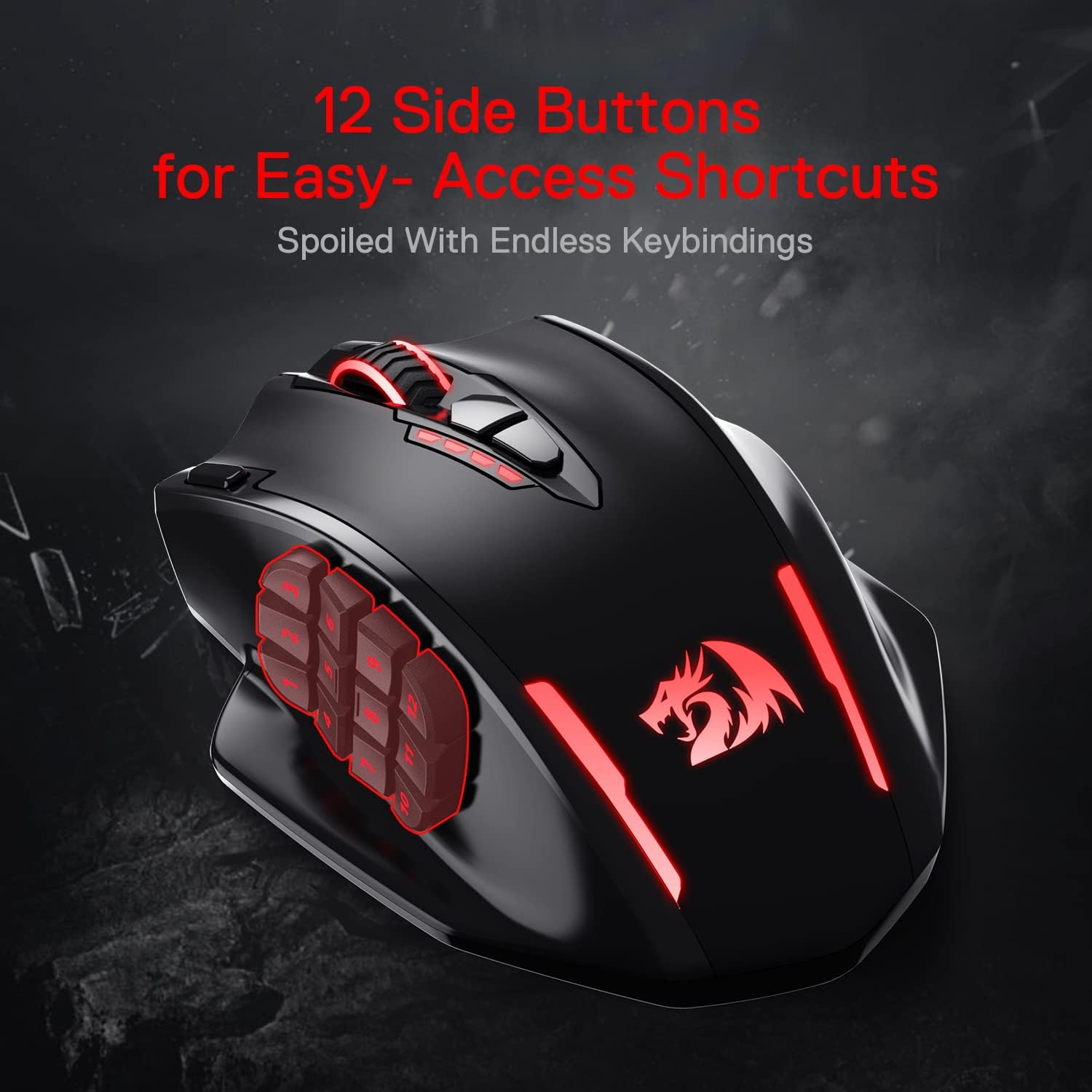 Redragon M913 Impact Elite Wireless Gaming Mouse, 16000 DPI Wired/Wireless RGB Gamer Mouse with 16 Programmable Buttons, 45 Hr Battery and Pro Optical Sensor, 12 Side Buttons MMO Mous - Image 4