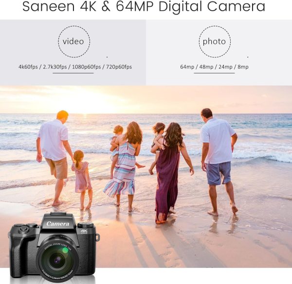 Saneen Digital Camera, 4k Cameras for Photography & Video, 64MP WiFi Touch Screen Vlogging Camera for YouTube with Flash, 32GB SD Card, Lens Hood, 3000mAH Battery, Front and Rear Cameras - Black - Image 2