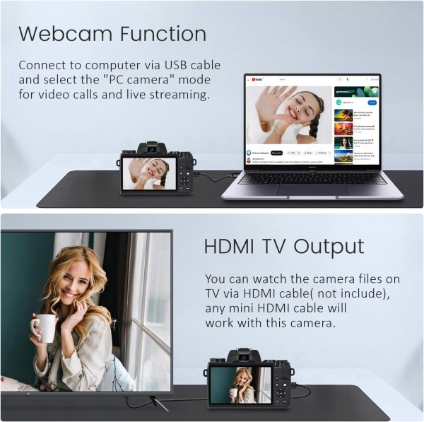 Saneen Digital Camera, 4k Cameras for Photography & Video, 64MP WiFi Touch Screen Vlogging Camera for YouTube with Flash, 32GB SD Card, Lens Hood, 3000mAH Battery, Front and Rear Cameras - Black - Image 3