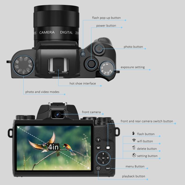 Saneen Digital Camera, 4k Cameras for Photography & Video, 64MP WiFi Touch Screen Vlogging Camera for YouTube with Flash, 32GB SD Card, Lens Hood, 3000mAH Battery, Front and Rear Cameras - Black - Image 7