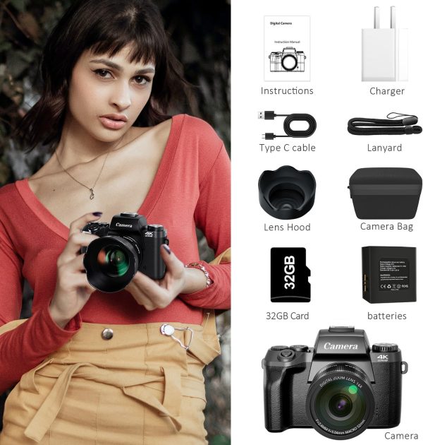 Saneen Digital Camera, 4k Cameras for Photography & Video, 64MP WiFi Touch Screen Vlogging Camera for YouTube with Flash, 32GB SD Card, Lens Hood, 3000mAH Battery, Front and Rear Cameras - Black - Image 9