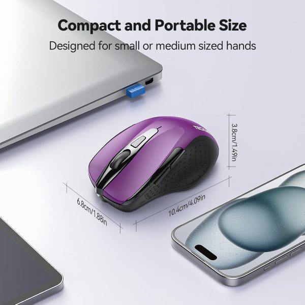 TECKNET Wireless Mouse, 2.4G USB Computer Mouse with 6-Level Adjustable 4800 DPI, 30 Months Battery, Ergonomic Grips, 6 Buttons Portable for PC, Chromebook, Mac - Grey - Image 3