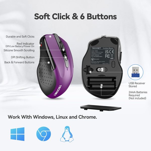 TECKNET Wireless Mouse, 2.4G USB Computer Mouse with 6-Level Adjustable 4800 DPI, 30 Months Battery, Ergonomic Grips, 6 Buttons Portable for PC, Chromebook, Mac - Grey - Image 6